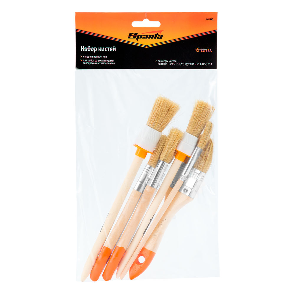 Набор кистей, 6 шт, плоские: 3/4 (20 мм), 1 (25 мм), 1 1/2 (38 мм), круглые: №1 (15 мм), №2 (20 мм), для декора: №11 Sparta (841145)