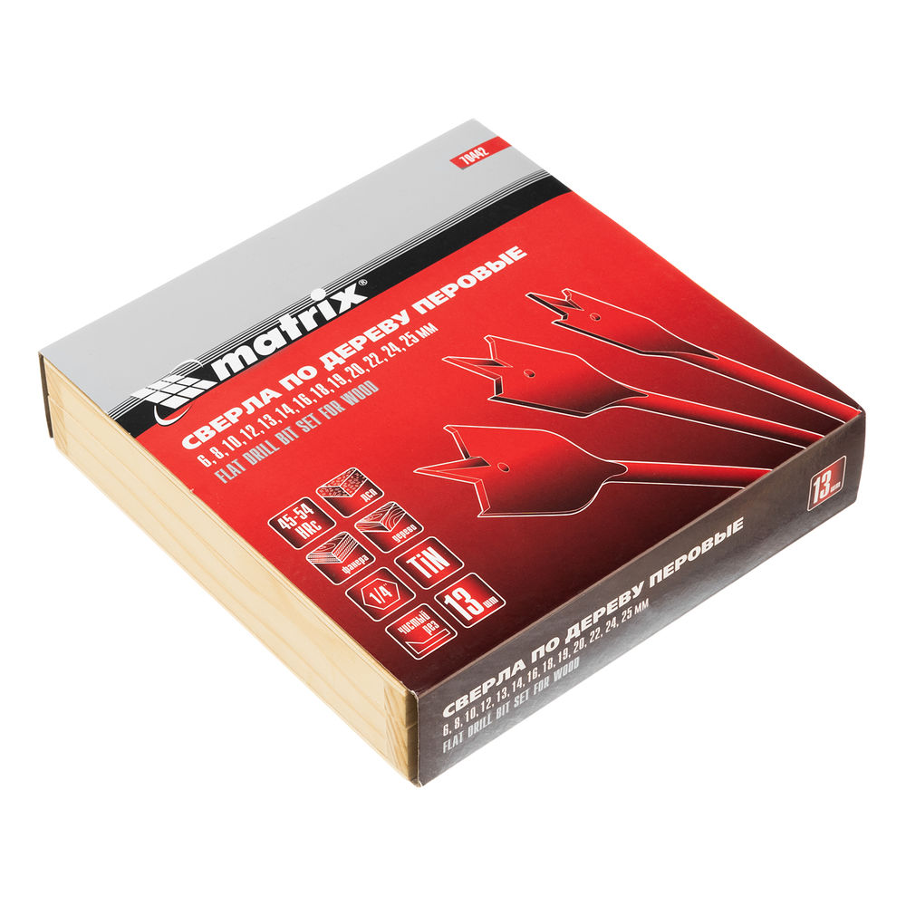 Набор сверл перовых по дереву, 6-8-10-12-13-14-16-18-19-20-22-24-25 мм, 13 шт, деревянный кейс Matrix (70442)