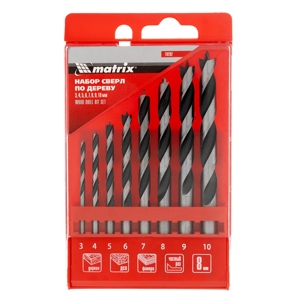 Набор сверл по дереву, 3-4-5-6-7-8-9-10 мм, 8 шт, цилиндрический хвостовиковик, пластиковый кейс, Matrix (70282)