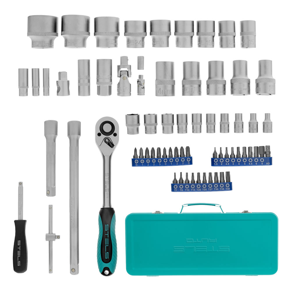 Набор торцевых головок с трещоткой, 1/2 и 1/4, 68 предметов Stels