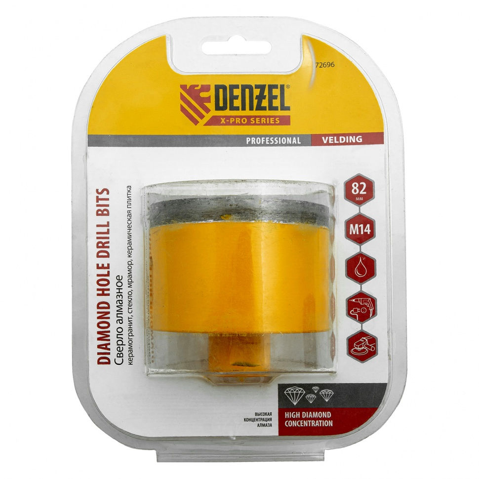 Сверло алмазное по керамограниту, 82 мм, мокрая резка, М14 Denzel (72696)