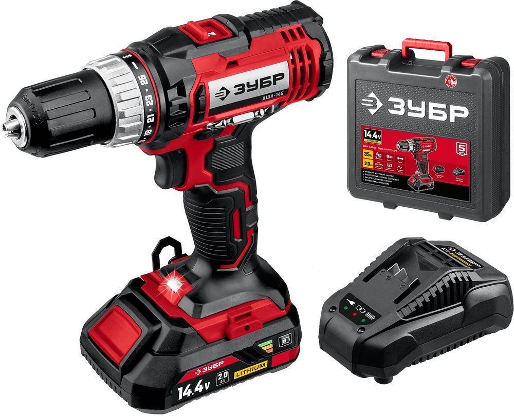 Дрель-шуруповерт 14.4 В 35 Н·м 1 АКБ 2 А·ч кейс ЗУБР С1 ДШЛ-145-21