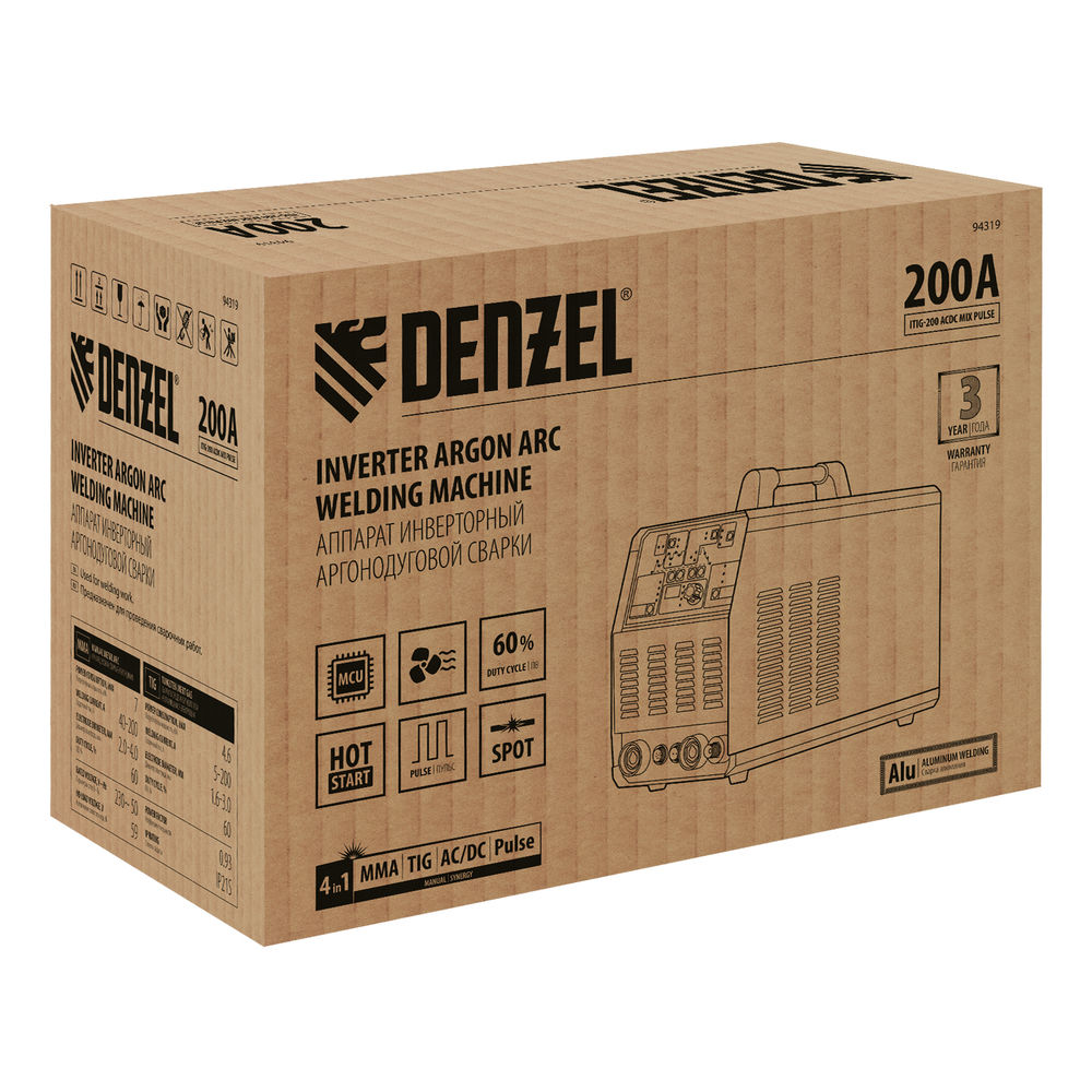 Аппарат инвертор. аргонодуговой сварки ITIG-200 ACDC Mix Pulse, 200 А, ПВ 60% Denzel (94319)