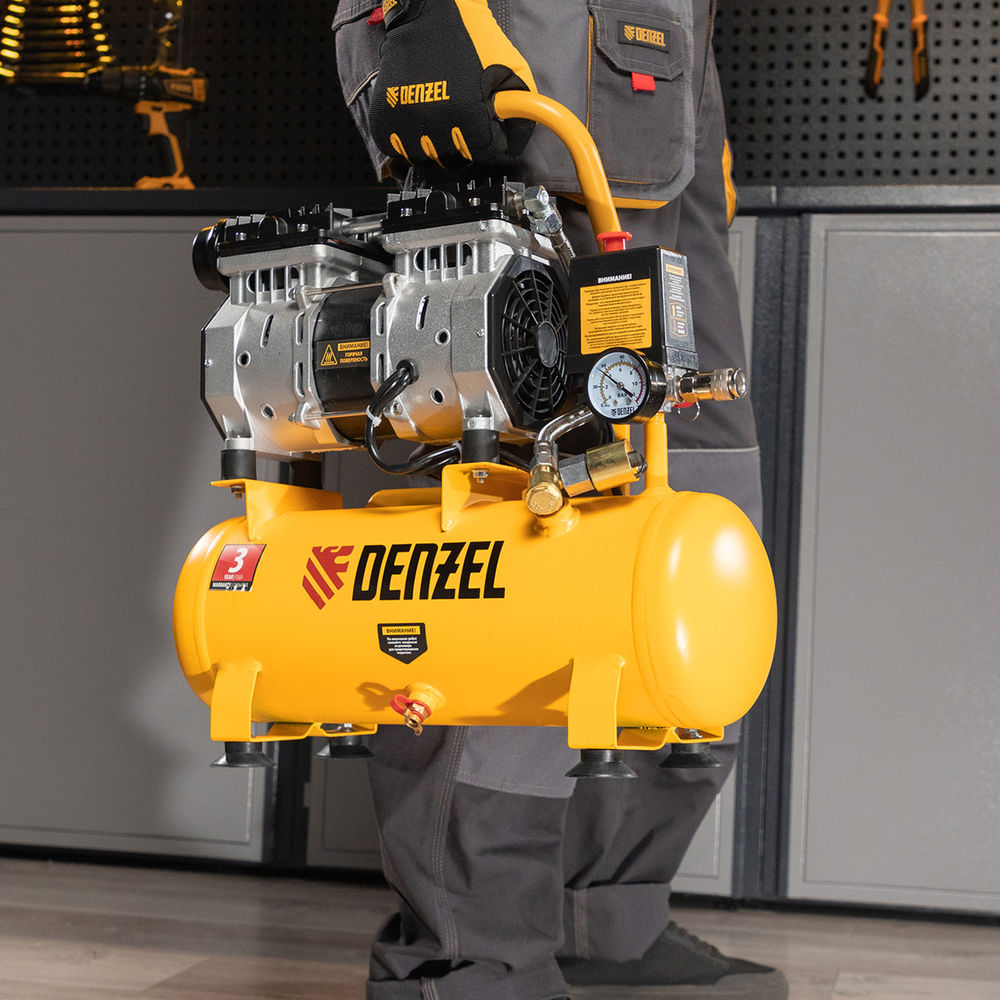 Компрессор DLS650/10 безмаслянный малошумный 650 Вт, 120 л/мин, ресивер 10 л Denzel (58021)