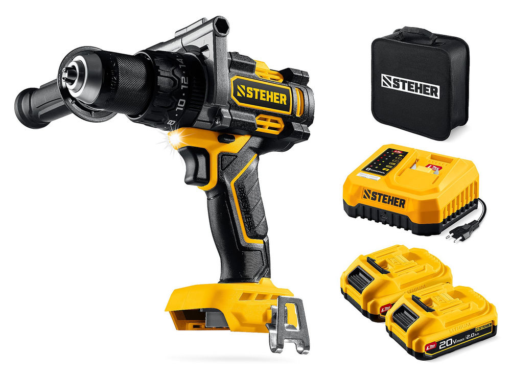 Дрель-шуруповерт ударная бесщеточная 20 В, 165 Н·м, 2 АКБ LMS (2 А·ч), сумка STEHER CBS-165-22