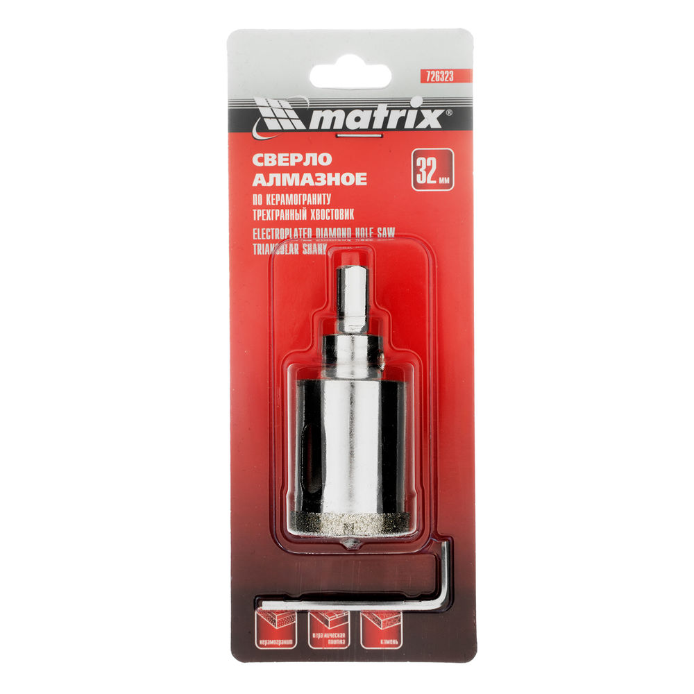 Сверло алмазное по керамограниту, 32 х 67 мм, трехгранный хвостовик Matrix (726323)