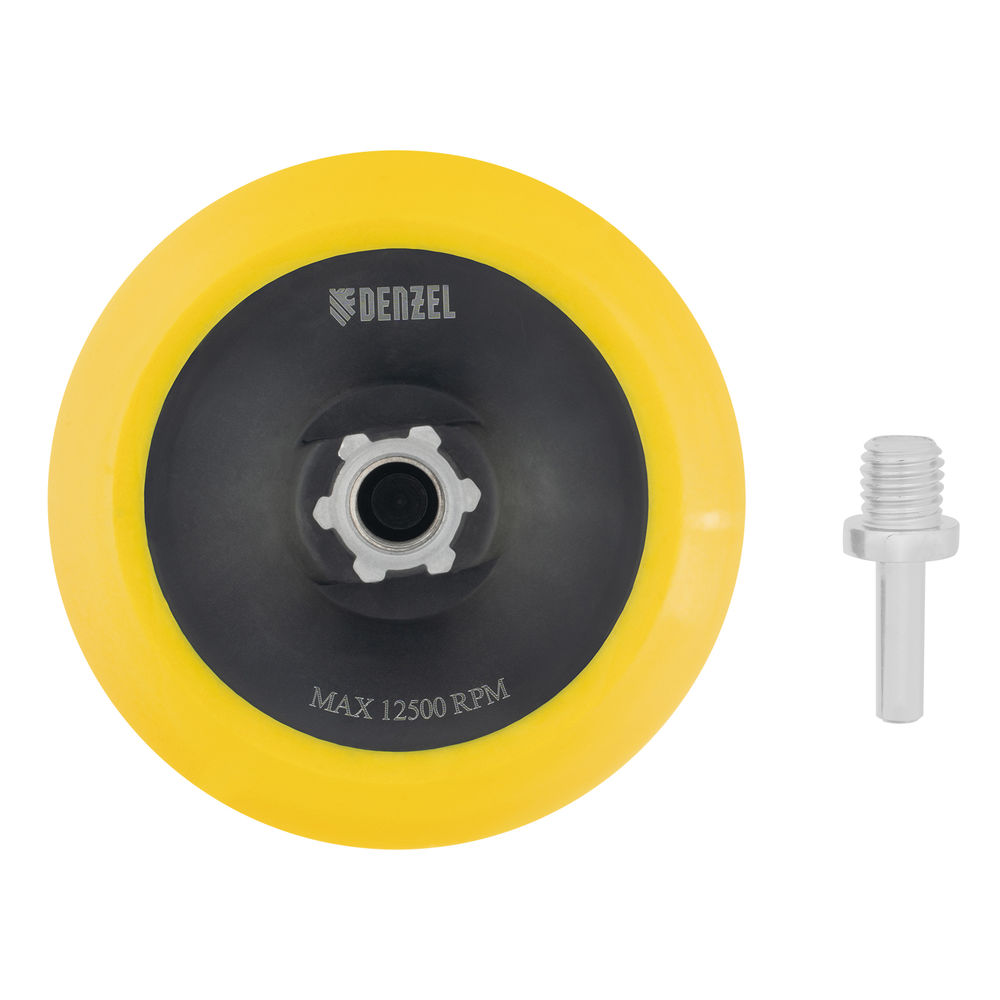 Тарелка опорная для дрели и УШМ с липучкой, 115 мм, мягкая, с адаптером c М14 на d8 Denzel (76247)