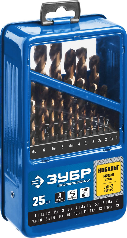 Набор сверл по металлу 25 шт (1-13 мм), сталь Р6М5К5, класс А, мет.бокс Кобальт ЗУБР Профессионал 29626-H25