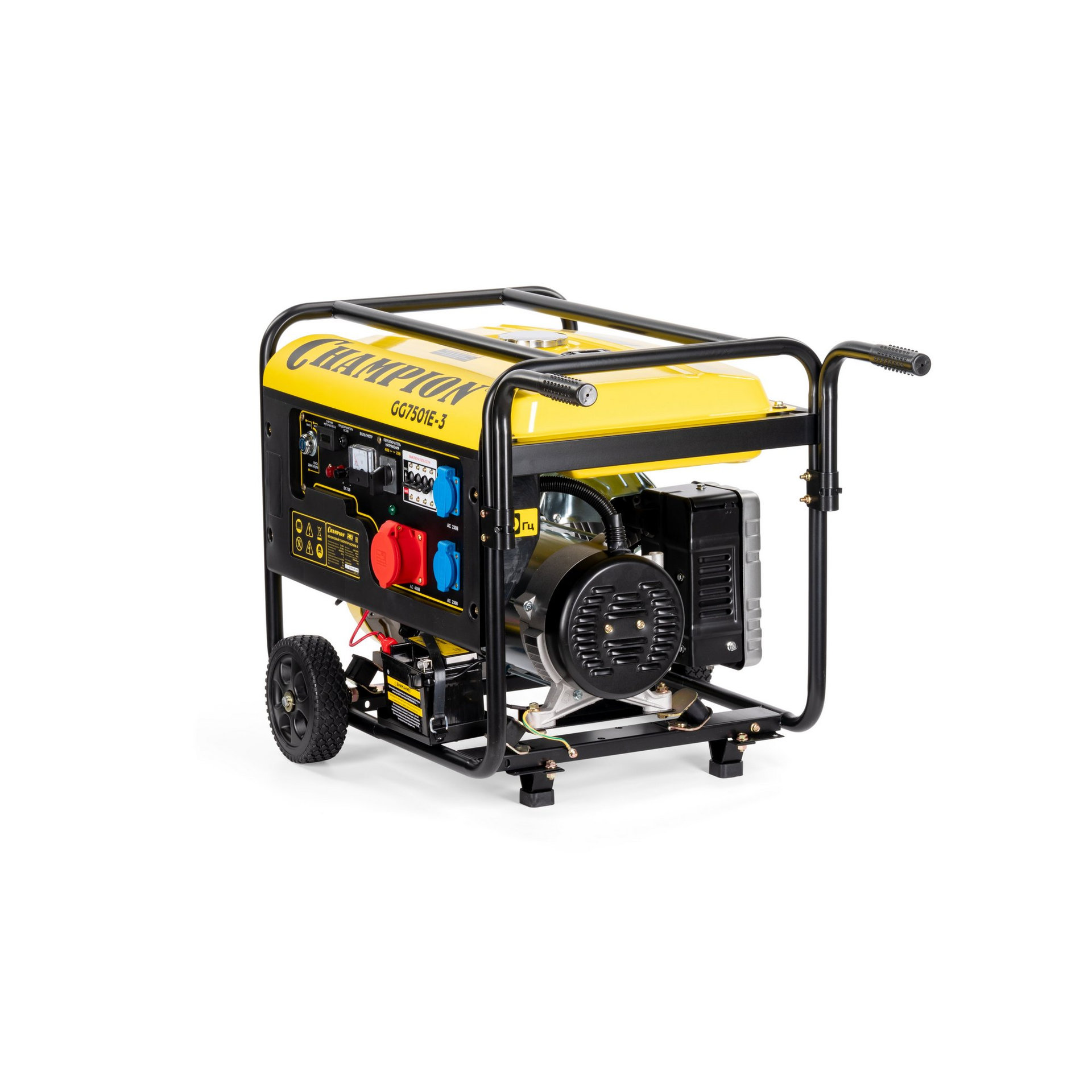 Генератор CHAMPION GG7501E-3 (PRO 400В7,5/8,1кВАcosф=0,8 15лс25л230/12В84,2кг,эл.стартер,счетч.колес (GG7501E-3)