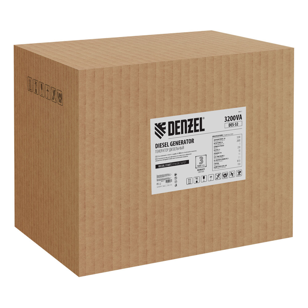Генератор дизельный DES-32, 3,2 кВт, 230 В, 11 л, ручной стартер Denzel (94411)
