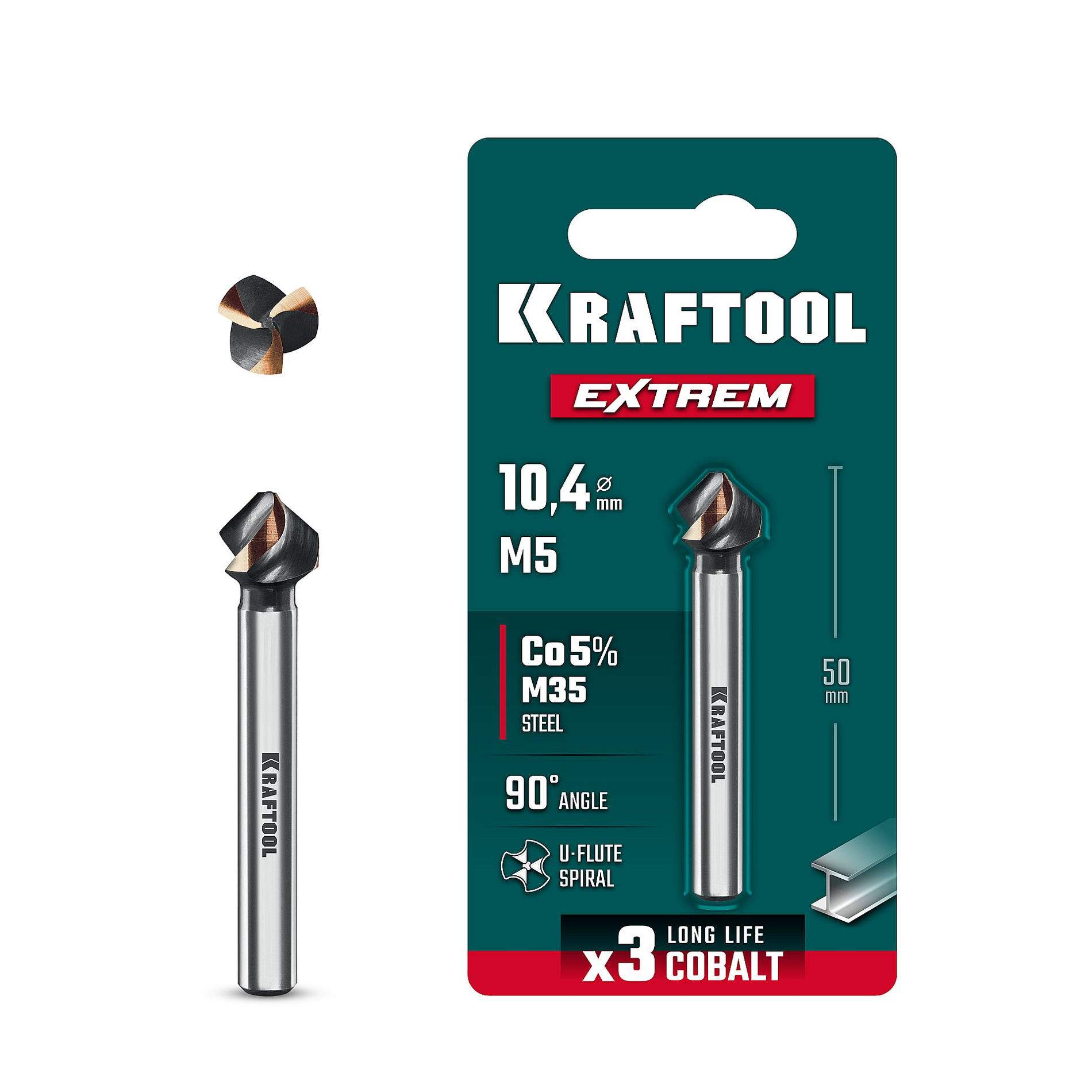 KRAFTOOL EXTREME Со5-А, d 10.4х6х50 мм, Z3, 90°, сталь M35, U-образная спираль, зенковка (29734-5)