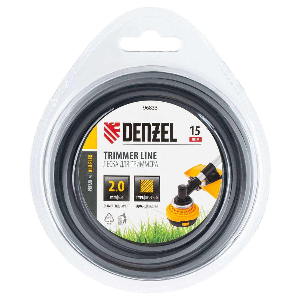Леска для триммера армированная алюминием квадратная, 2,0мм х 15м, блистер ALUFLEX Denzel (96833)