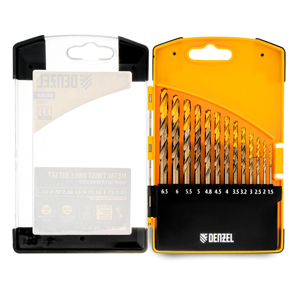 Набор сверл по металлу, 1,5-6,5мм, Р6М5К8-TiN, Golden Tip, 13 шт Denzel (723006)