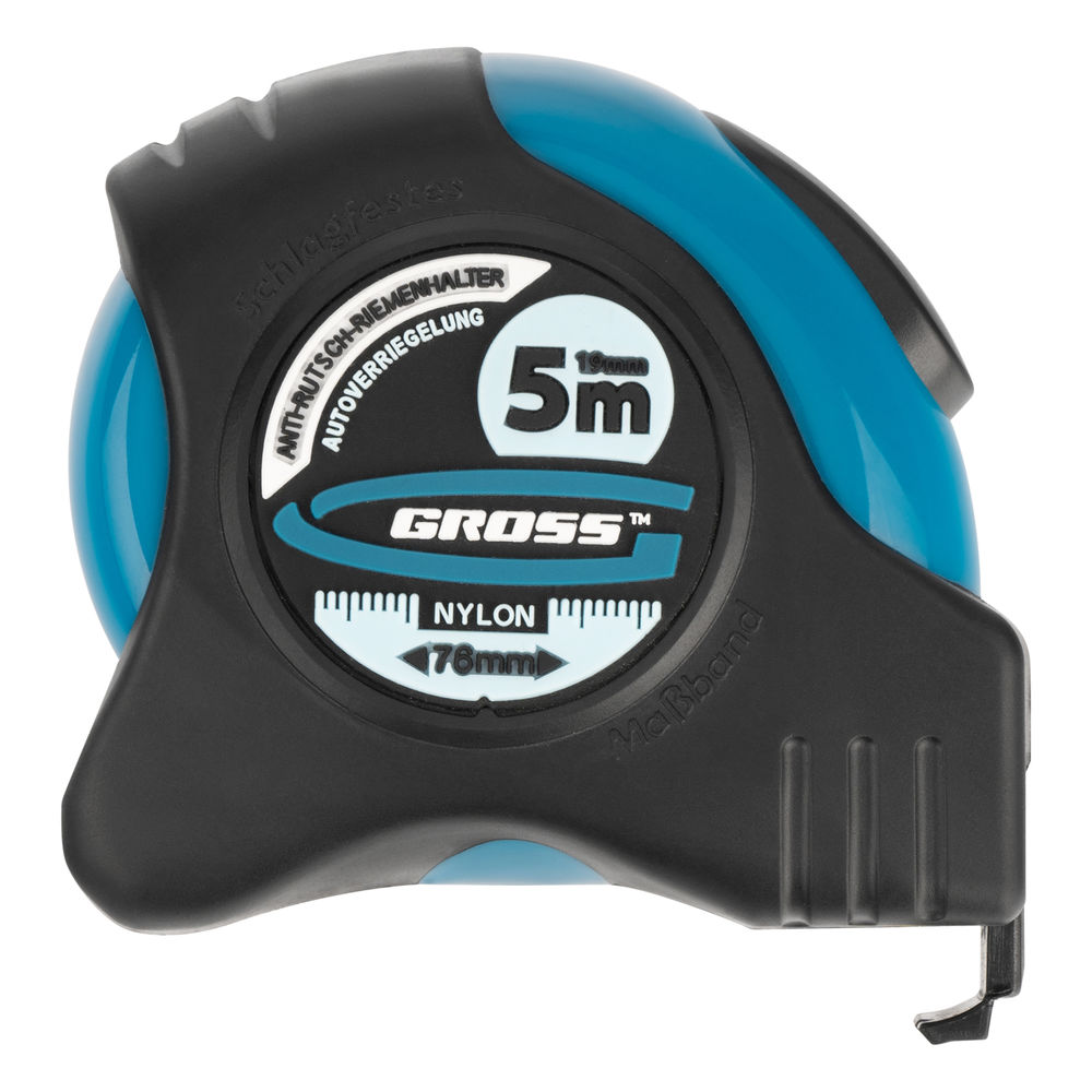 Рулетка Schlagfest,5 м x 19 мм,магнитный обрезиненный зацеп,двусторонняя шкала,Нейлоновое покрытие,автоматическая фиксация Gross