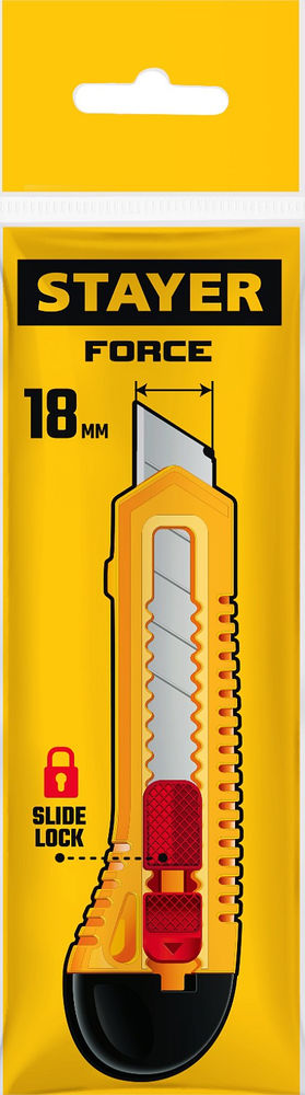 Нож упрочненный 18 мм из АБС пластика со сдвижным фиксатором FORCE STAYER 0911