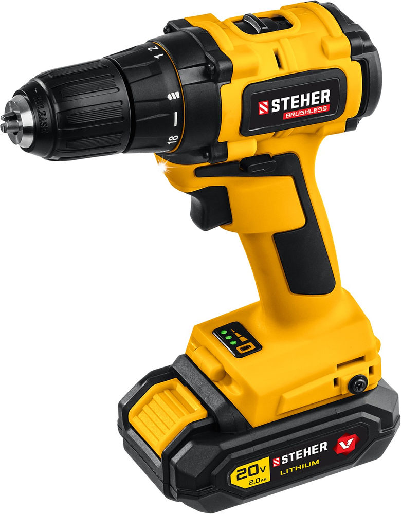 Дрель-шуруповерт бесщеточная 20 В, 45 Н·м, 1 АКБ (2 А·ч), кейс V1 STEHER CDB-200-1