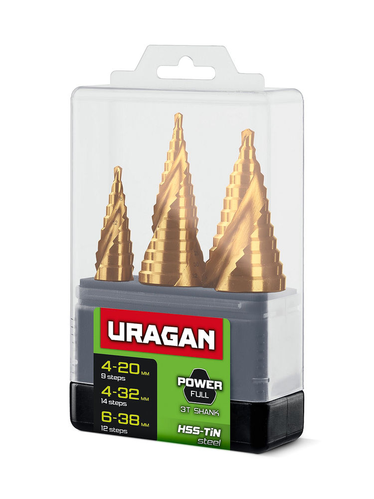 Сверла ступенчатые набор винтовая спираль URAGAN 3 шт 4-38мм 29658-4-38-H3  