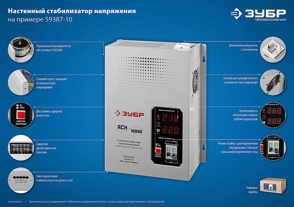 Стабилизатор напряжения автоматический 10000 ВА, 10 кВт ЗУБР Профессионал 59387-10