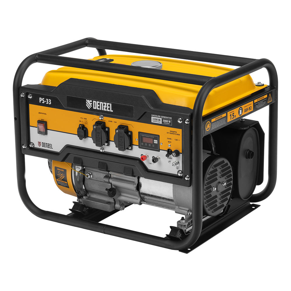 Генератор бензиновый PS 33, 3.3 кВт, 230 В, 15 л, ручной стартер Denzel (946834)
