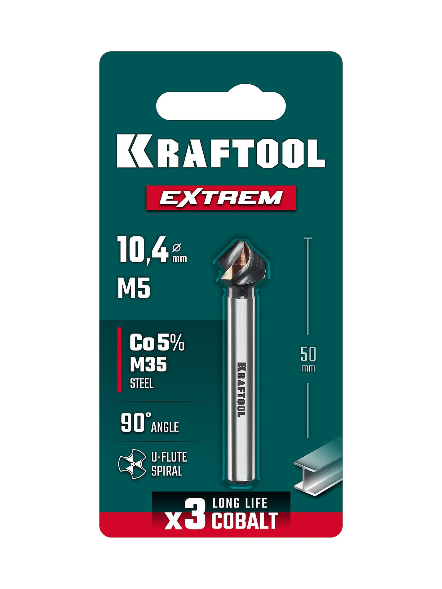 KRAFTOOL EXTREME Со5-А, d 10.4х6х50 мм, Z3, 90°, сталь M35, U-образная спираль, зенковка (29734-5)
