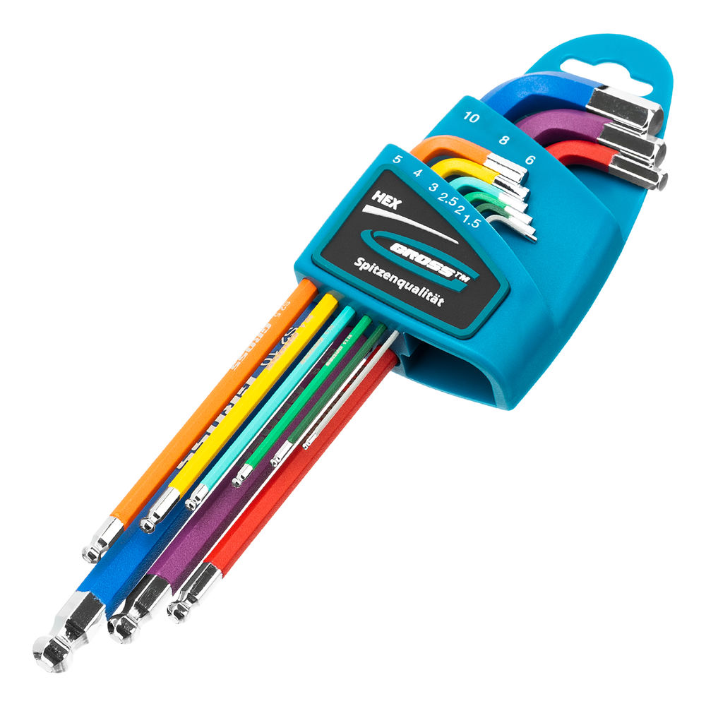 Набор ключей имбусовых HEX, 1.5-10 мм, S2, 9 шт, магнит, экстра-длинные с шаром, хром/краска Gross (16400)