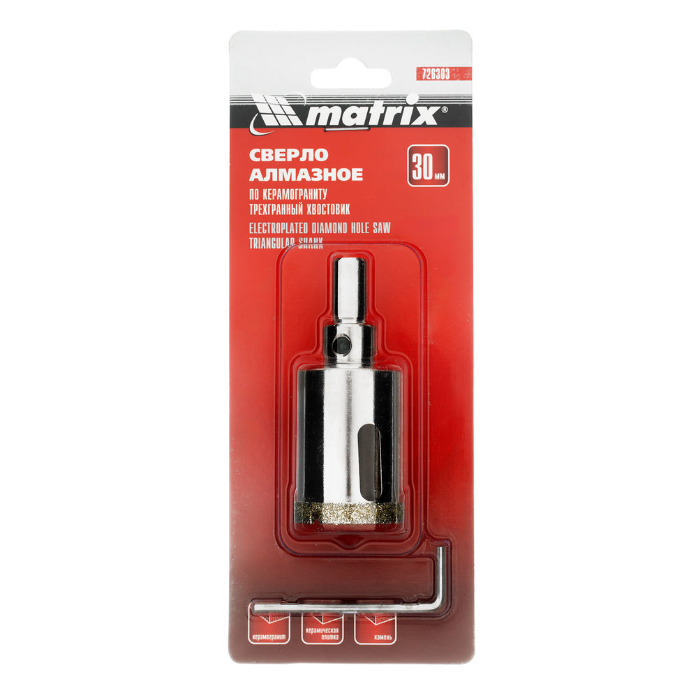 Сверло алмазное по керамограниту, 30 х 67 мм, трехгранный хвостовик Matrix (726303)