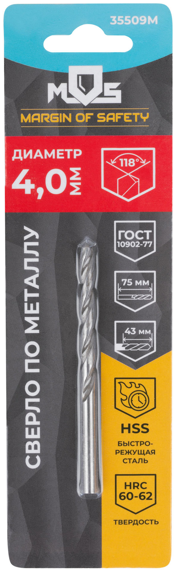 Сверло по металлу HSS в блистере, угол заточки 118°, 4,0 x 75 мм (1 шт.) (35509М)