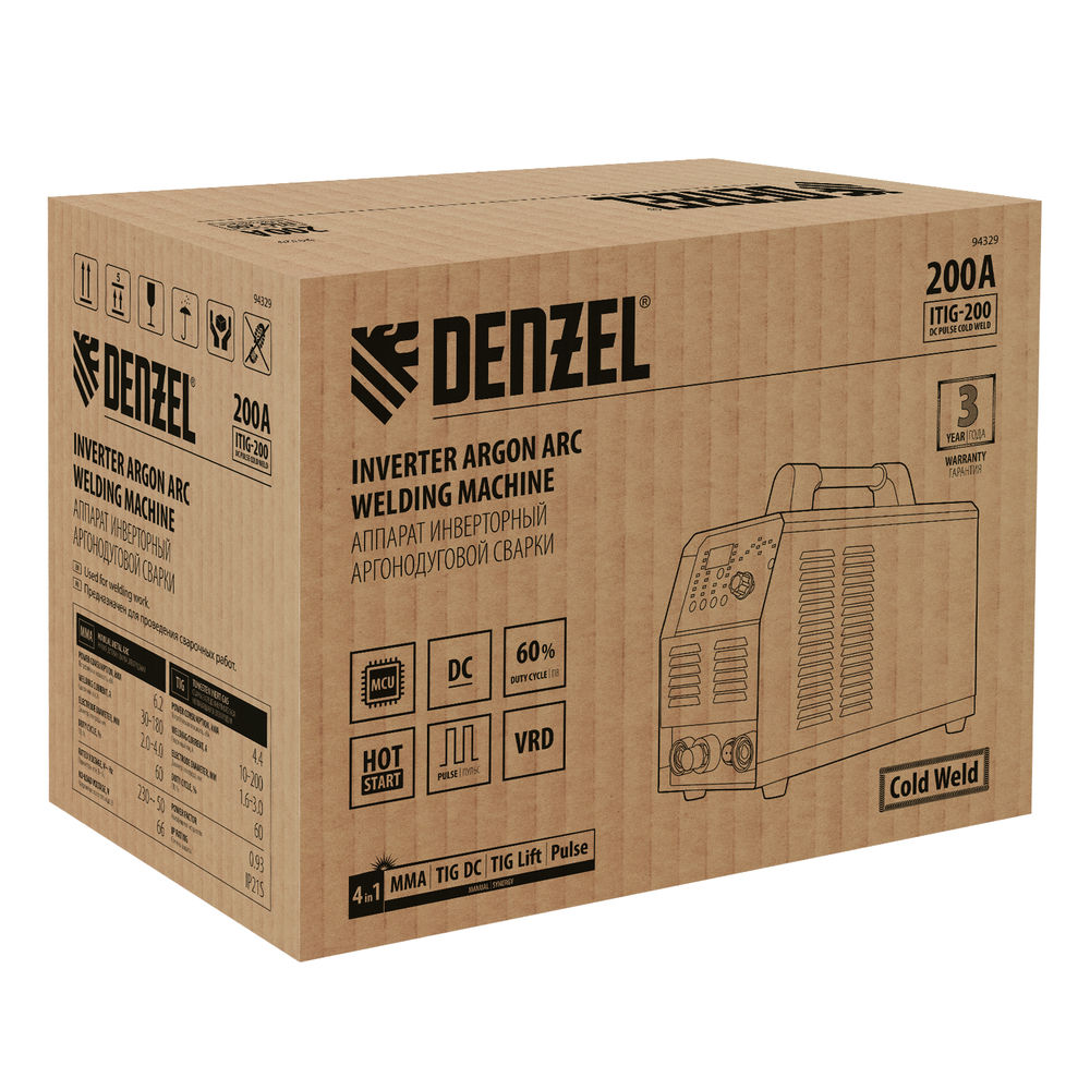 Аппарат инвертор. аргонодуговой сварки ITIG-200 DС Pulse Cold Weld, 200 А, ПВ 60% Denzel (94329)