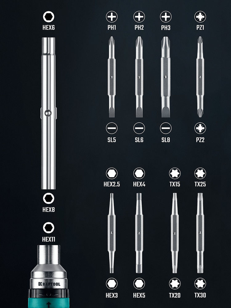 Отвертка реверсивная 19-в-1 с битами KraftMax 19 KRAFTOOL 25862