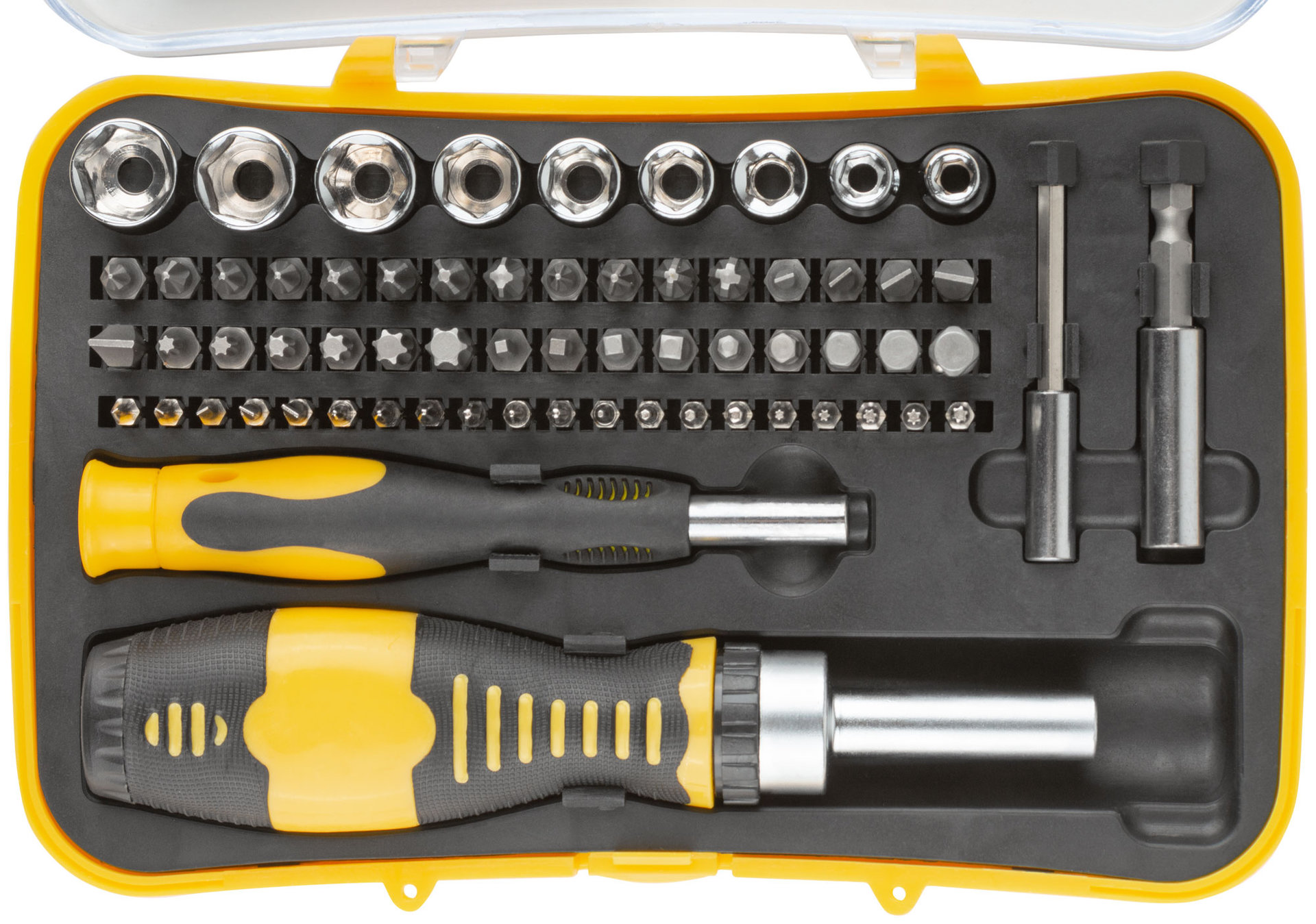 Отвертки реверсивная и для точных работ, набор 65 шт., пластиковый прорезиненный кейс (56387)