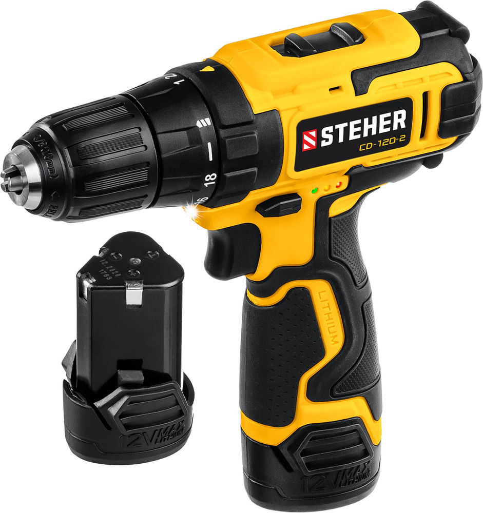 Дрель-шуруповерт 12 В, 30 Н·м, 2 АКБ (2 А·ч), кейс STEHER CD-120-2