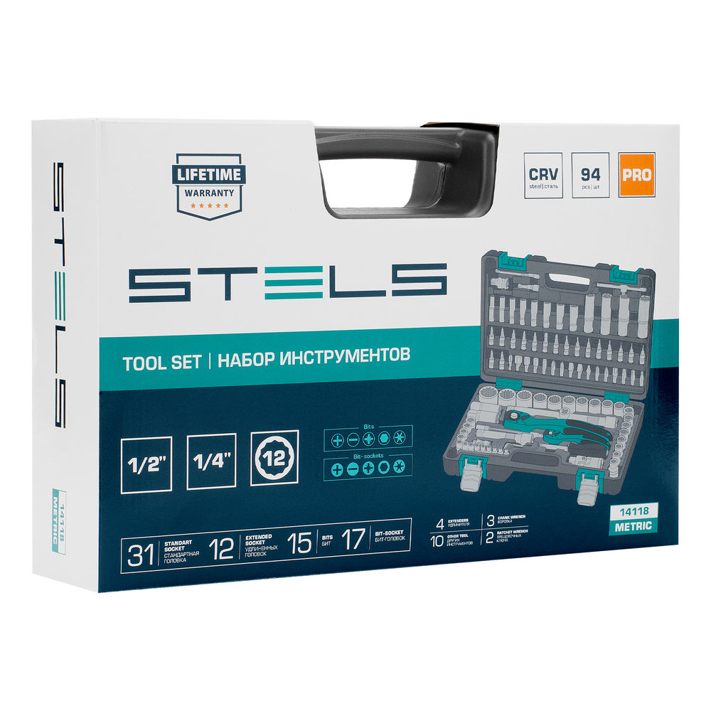 Набор инструментов 1/2, 1/4, CrV, 12 гранные головки, пластиковый кейс, 94 предмета Stels