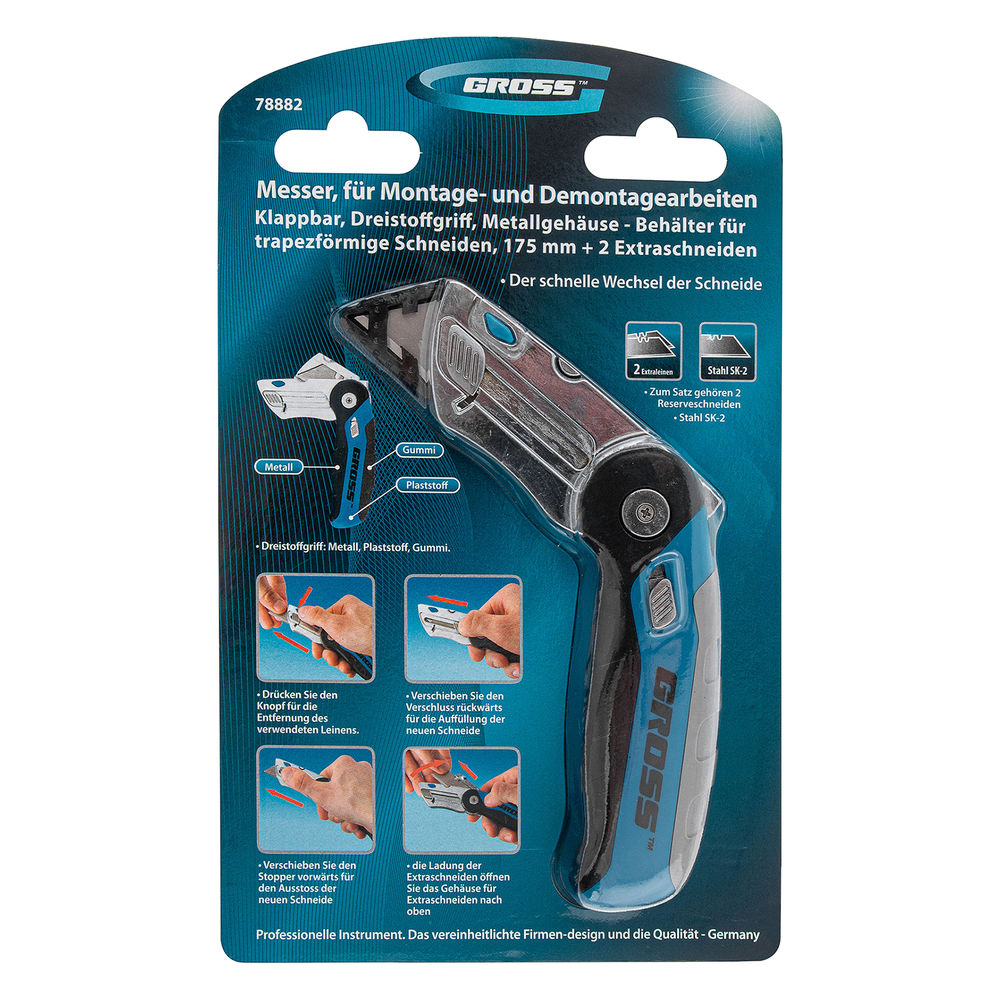 Нож ремонтно-монтажныйный, складной, трехкомпонентная рукоятка, контейнер-держатель для лезвий, 175 мм, 2 запасных лезвия Gross (78882)