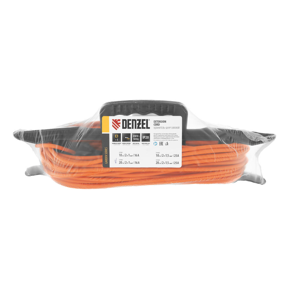Удлинитель-шнур силовой Garden Series, б/з, ПВС, 20м, 1 розетка, 2 x 1 мм, Denzel (37402)