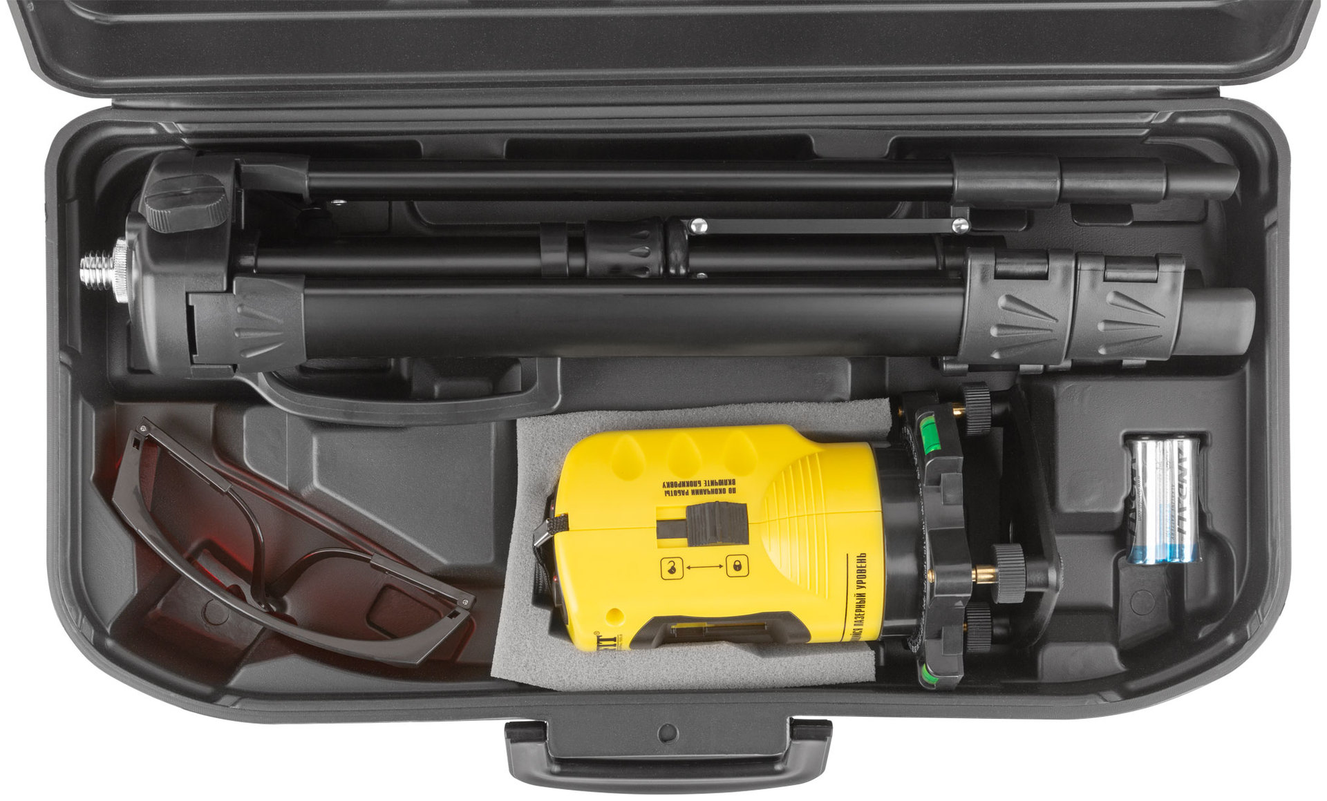 Уровень лазерный самоуспокаивающийся, красные лучи, крест, диапазон 10 м, тренога, очки, пластиковый кейс (18665)