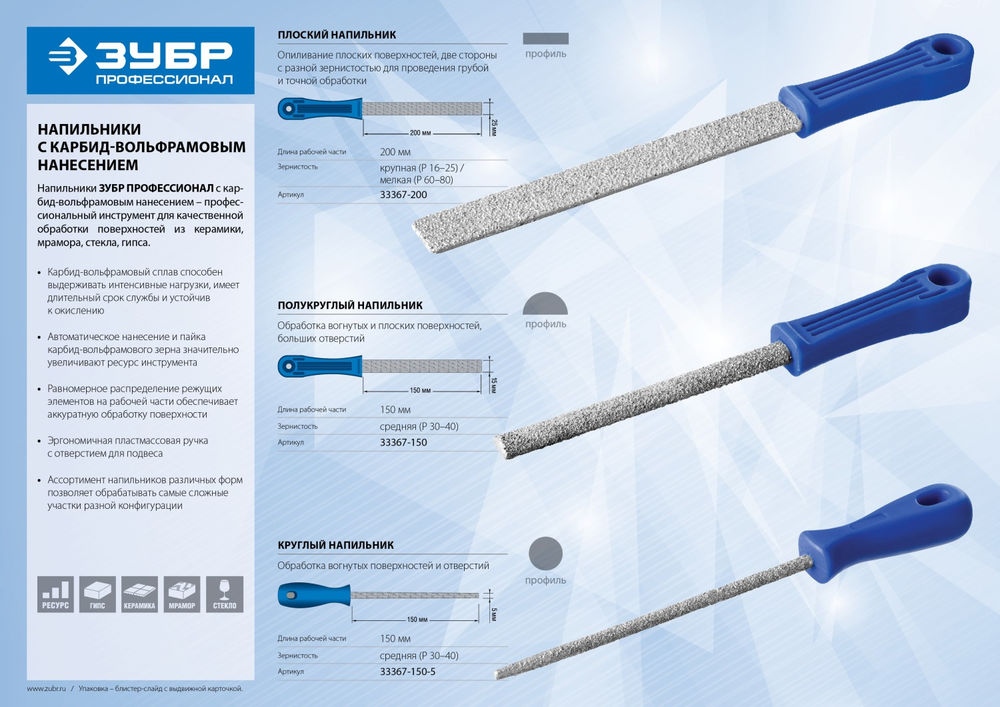 Напильник плоский 200 мм с карбидом вольфрама Профессионал ЗУБР 33367-200