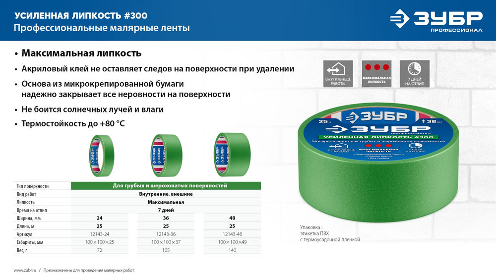 Лента малярная №300, 24 мм x 25 м, для грубых и шероховатых поверхностей ЗУБР Профессионал 12143-24