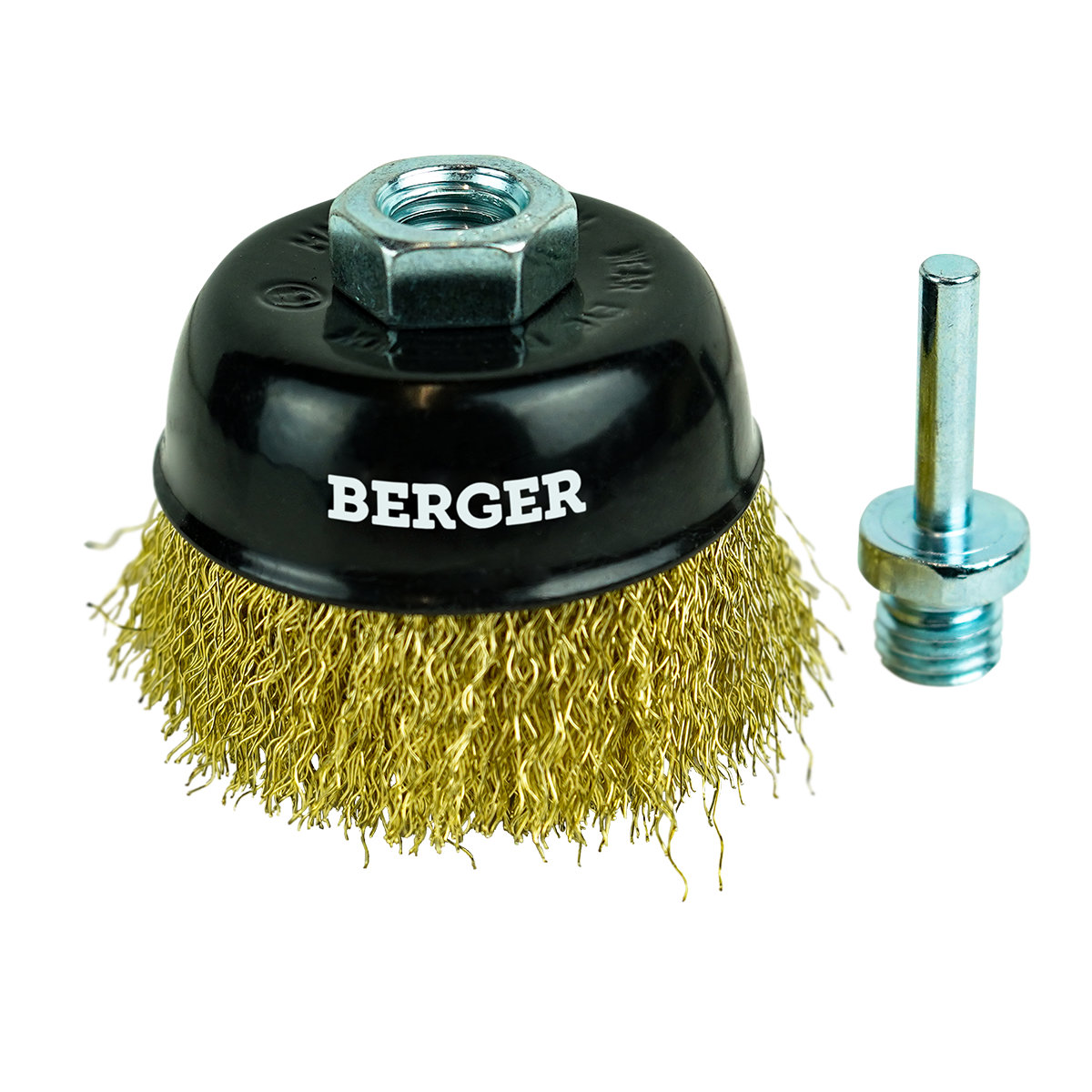Кордщётка чашеобразная (латунированная сталь 0.3 мм, диаметр 75 мм, гайка М14 + хвостовик 6 мм) BERGER BG1740