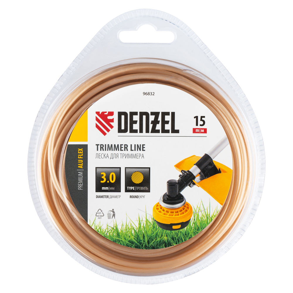 Леска для триммера армированная алюминием круглая, 3,0мм х 15м, блистер ALUFLEX Denzel (96832)