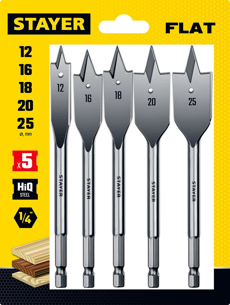Набор перовых сверл по дереву Flat, 5 шт: 12-16-18-20-25 мм STAYER 2950-H5