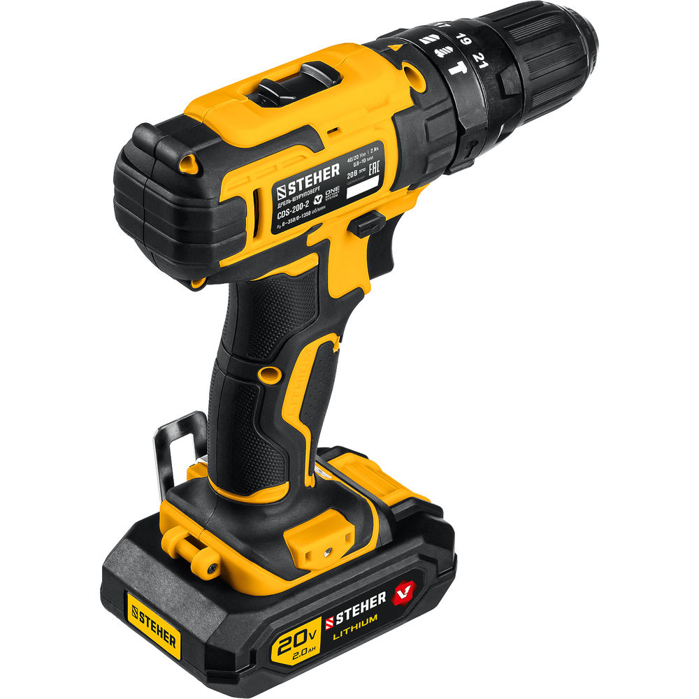 Дрель-шуруповерт ударная 20 В, 40 Н·м, 2 АКБ (2 А·ч), кейс V1 STEHER CDS-200-2