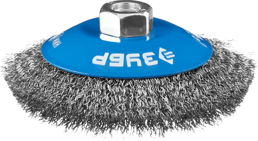 Щетка-крацовка коническая для УШМ 100 мм, витая стальная латунированная проволока 0.3 мм ЗУБР Профессионал 35265-100_z02