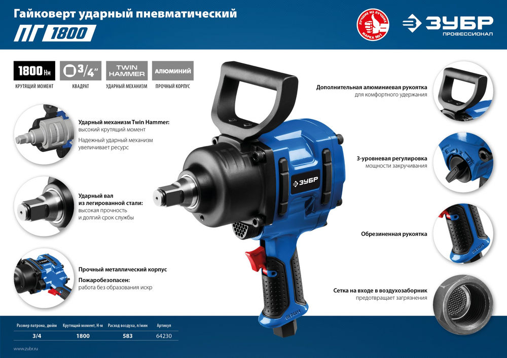 Гайковерт пневматический ударный 3/4 1800 Н·м ЗУБР ПГ-1800 Профессионал 64230