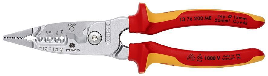Клещи электромонтажные, 5-в-1, зачистка: 0.75 – 4 / 6 мм?, рез: O 15 мм / 50 мм?, 200 мм, хром, 2-комп диэлектрические ручки, SB (KN-1376200MESB)