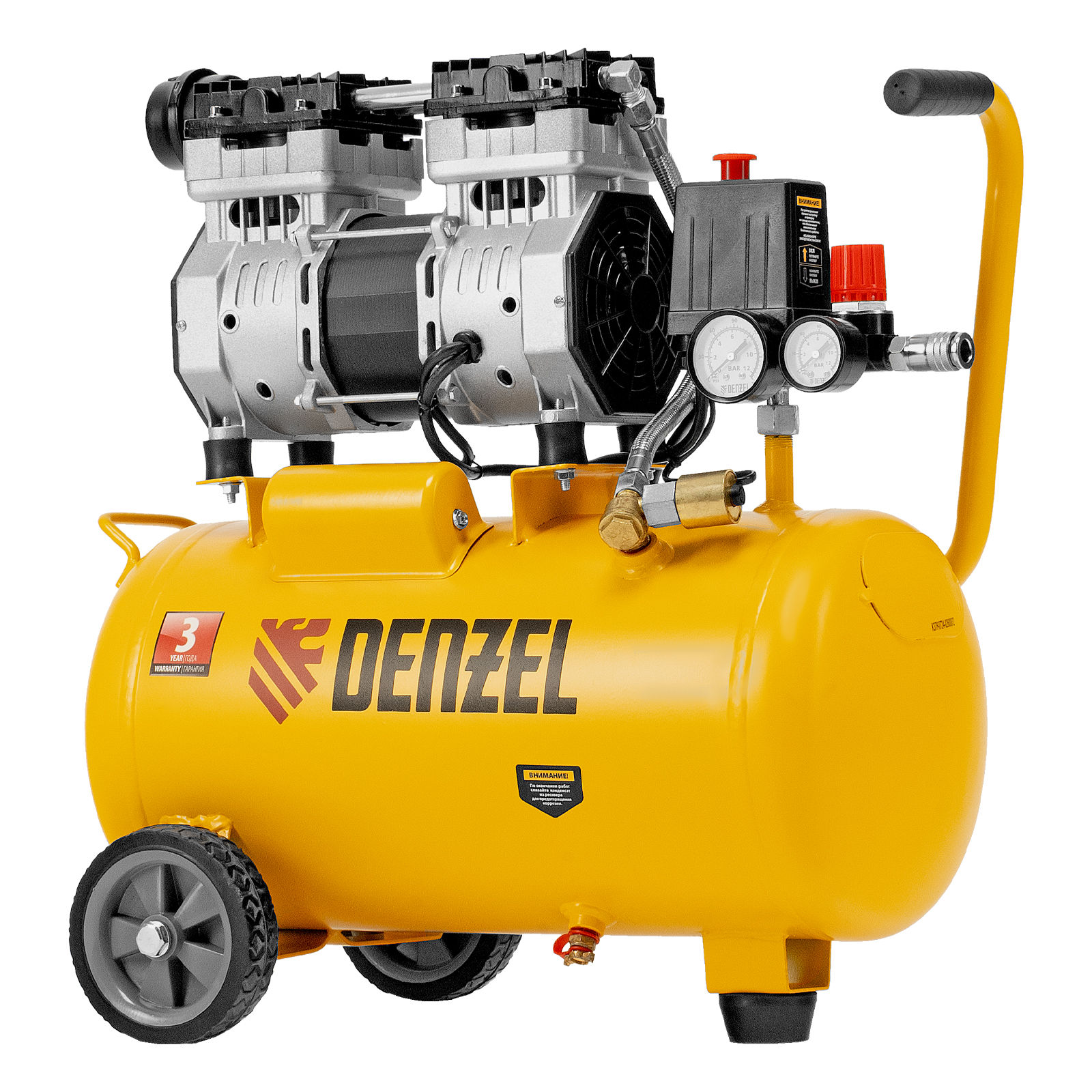 Компрессор DLS950/24 безмаслянный малошумный 950 Вт, 165 л/мин, ресивер 24 л Denzel (58026)