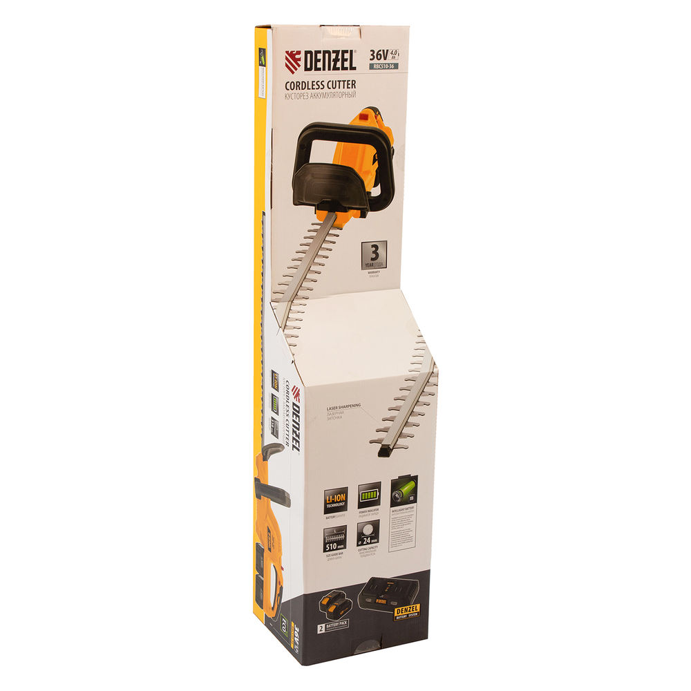 Кусторез аккумуляторный RBC510-36, Li-ion, 36 В, 4 Ач, нож 510 мм, поворотная ручка Denzel (59410)