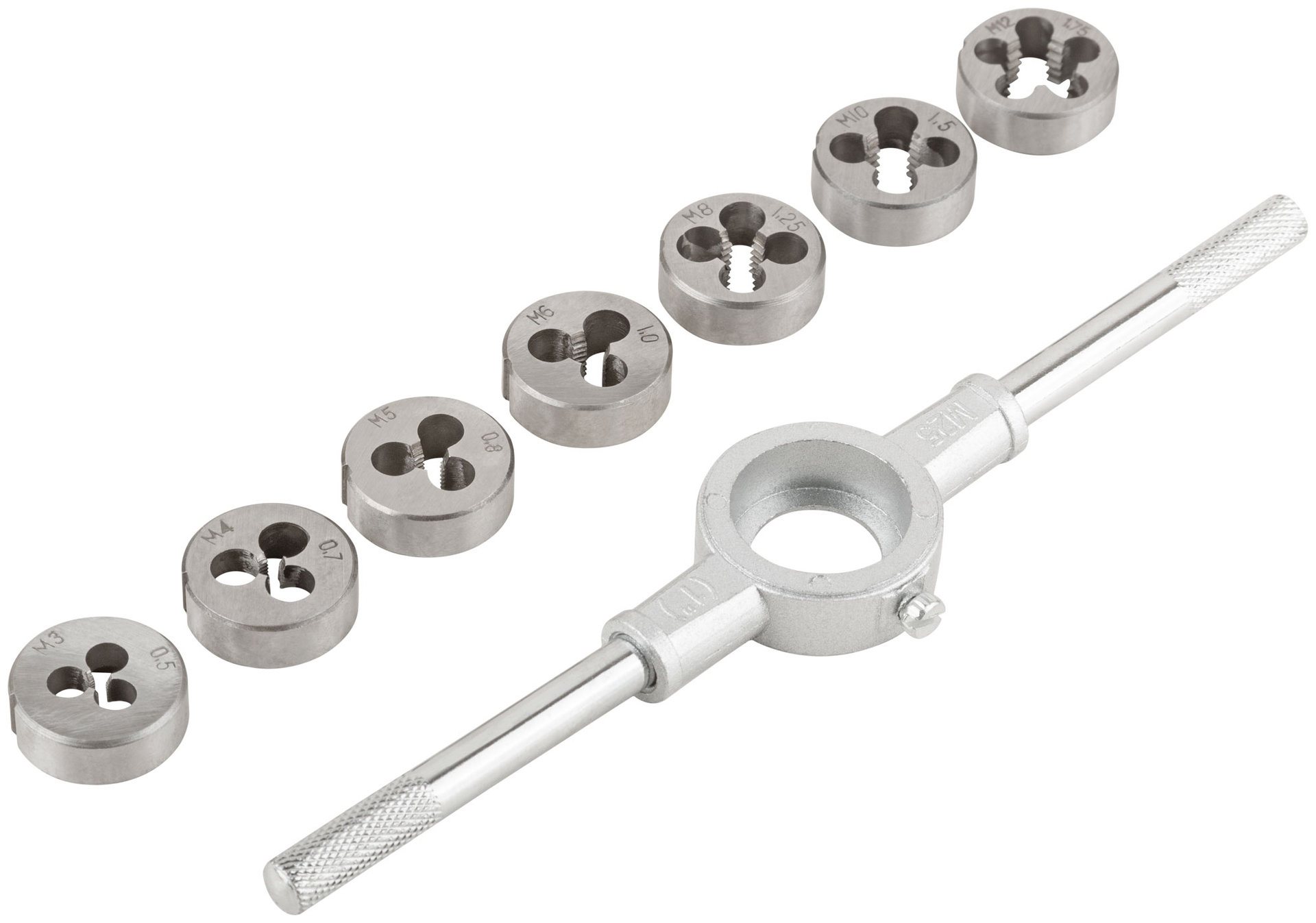 Плашки метрические, легированная сталь Профи 8 шт. М3-М12, плашкодержатель, блистер (70803)