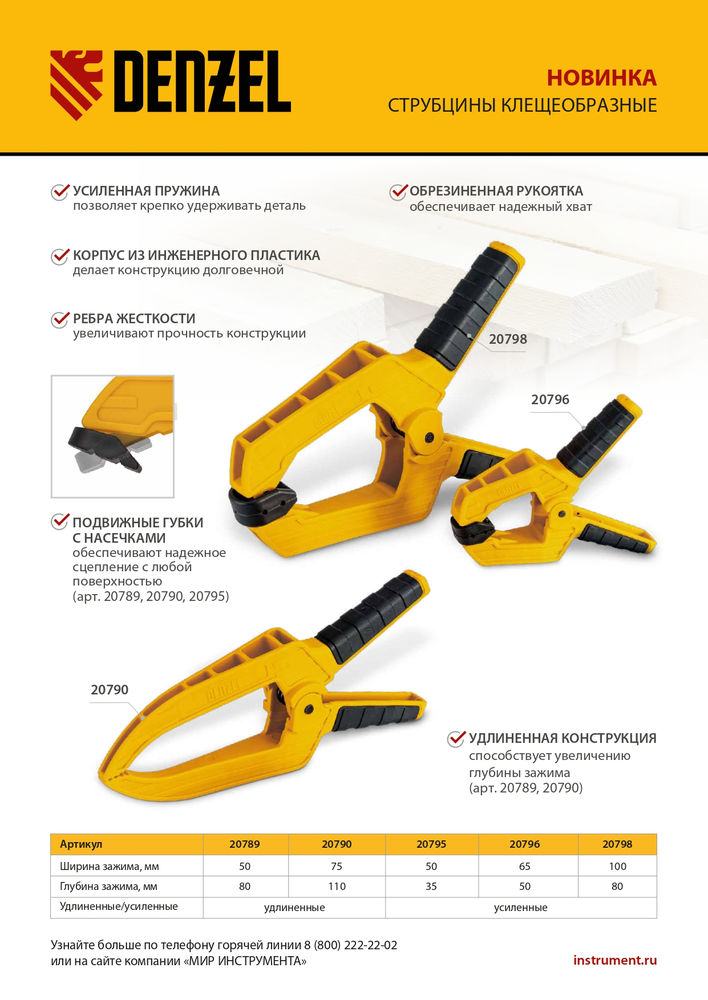 Струбцина клещеобразная, усиленная 100 х 80 мм, двухкомпонентные рукоятки Denzel (20798)
