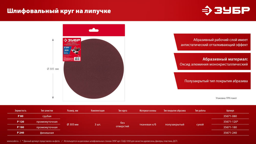 Шлифовальный круг на липучке 305 мм, Р240, 3 шт ЗУБР СШД-1050-К 35671-240