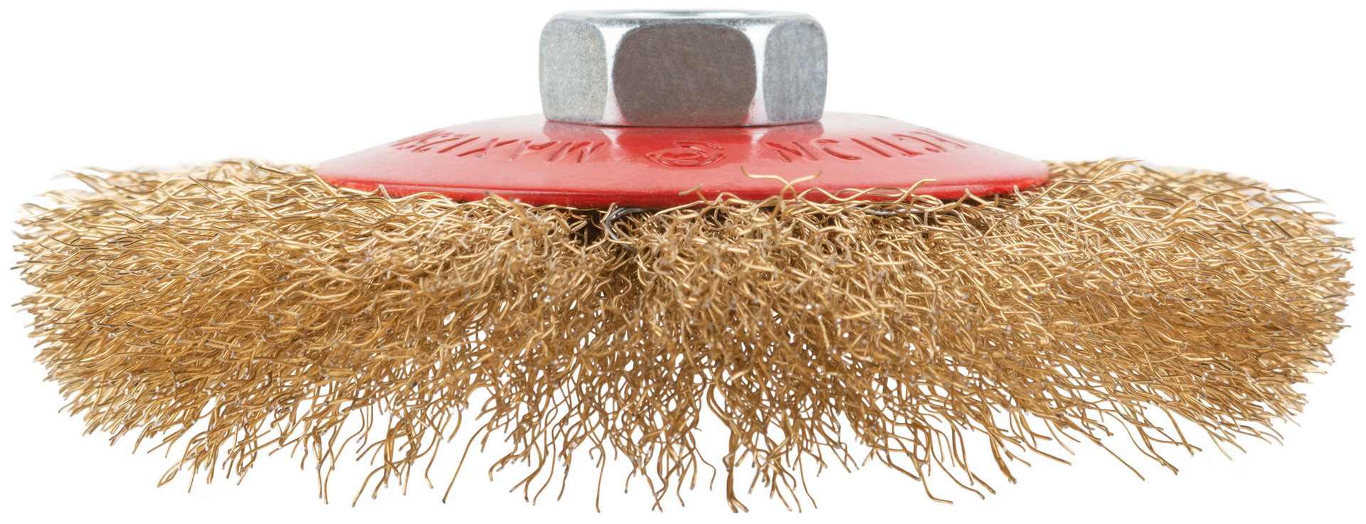 Корщетка-колесо с наклоном, гайка М14, стальная волнистая латунированная проволока 115 мм (39022)